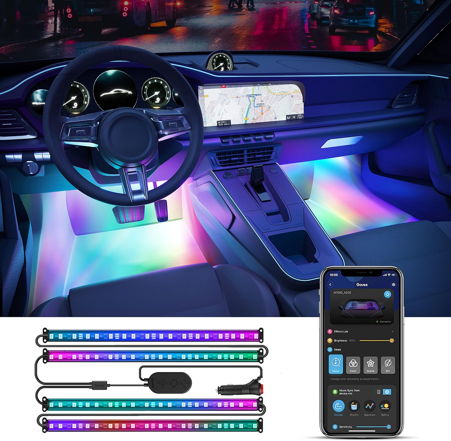 Govee Car LED Strip Lights, Smart RGBIC Interior Car Lights with APP Control, 4 Music Modes and 16 Million Colors, 2 Lines Design LED Lights for Car Decor, DC 12V | 4 Music Modes and 16 Million Colors, 2 Lines Design LED Lights for Car Decor, DC 12V