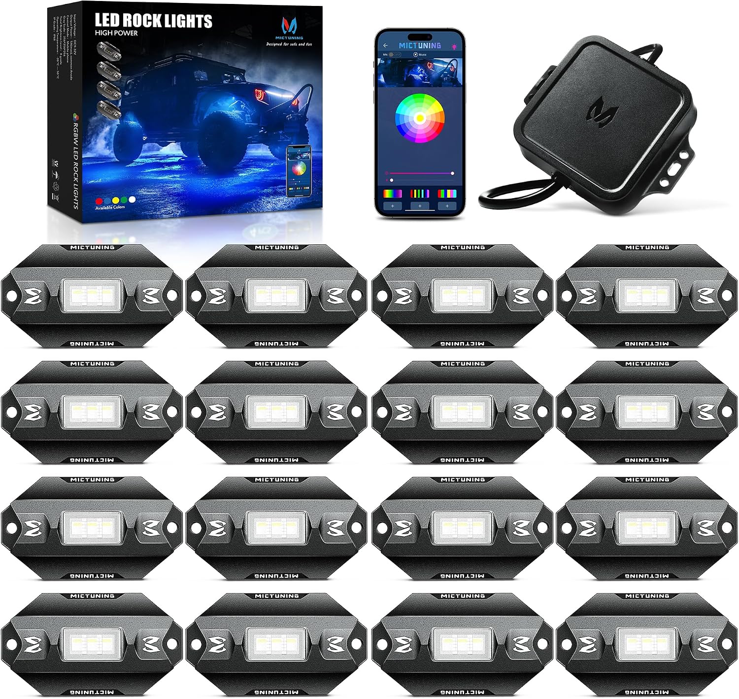 MICTUNING C1 16 Pods RGBW LED Rock Lights - Multicolor Underglow Neon Light Kit with Bluetooth Controller, APP Control