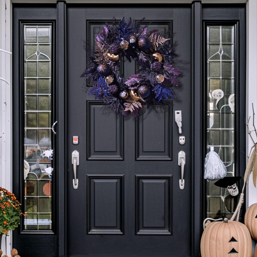 DecorbyHannah 24'' Pumpkins Halloween Wreath with Lights for Front Door