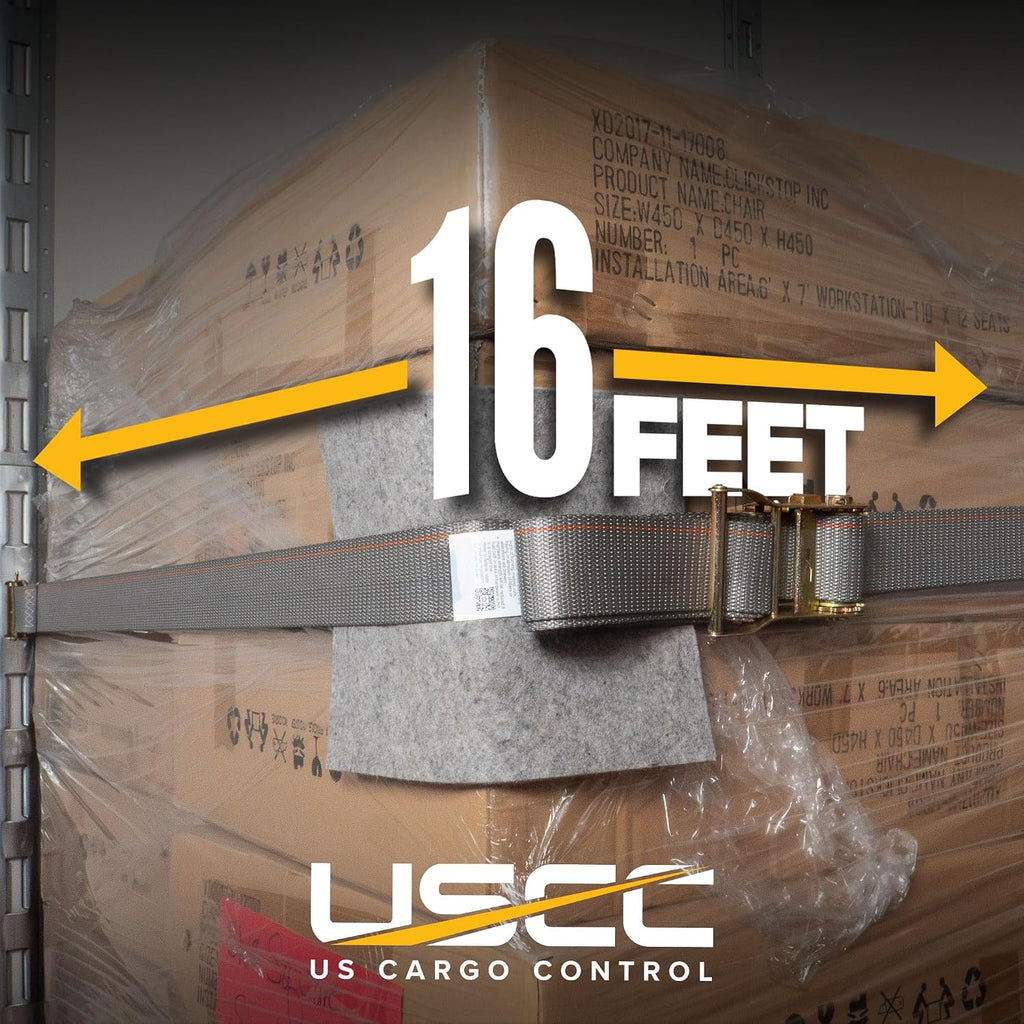 US Cargo Control E Track Straps 2" x 16' (8-Pack), 4,400 LBS Break Strength, Gray Heavy Duty E Track Ratchet Straps with 4' Fixed End and Spring E-Fittings, Logistic Tiedowns for Box Trucks, Vans