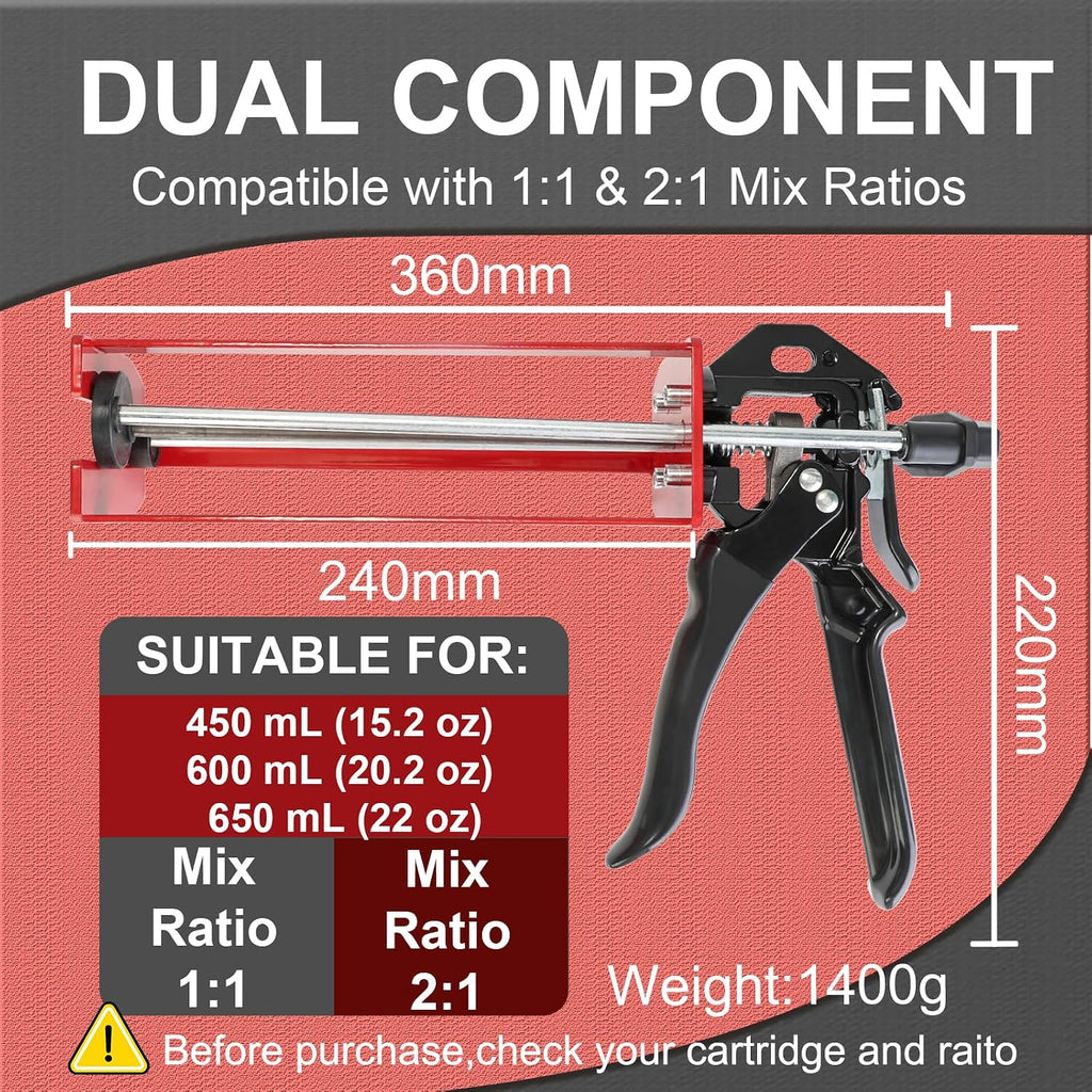 epoxy gun dual cartridge applicator 450ml/600ml/650ml, manual 1:1 shown in use
