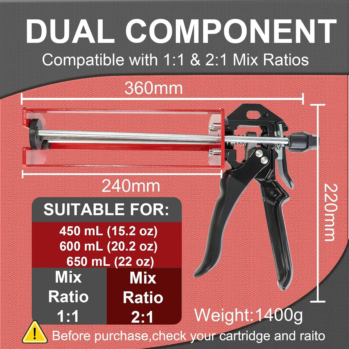 epoxy gun dual cartridge applicator 450ml/600ml/650ml, manual 1:1 shown in use
