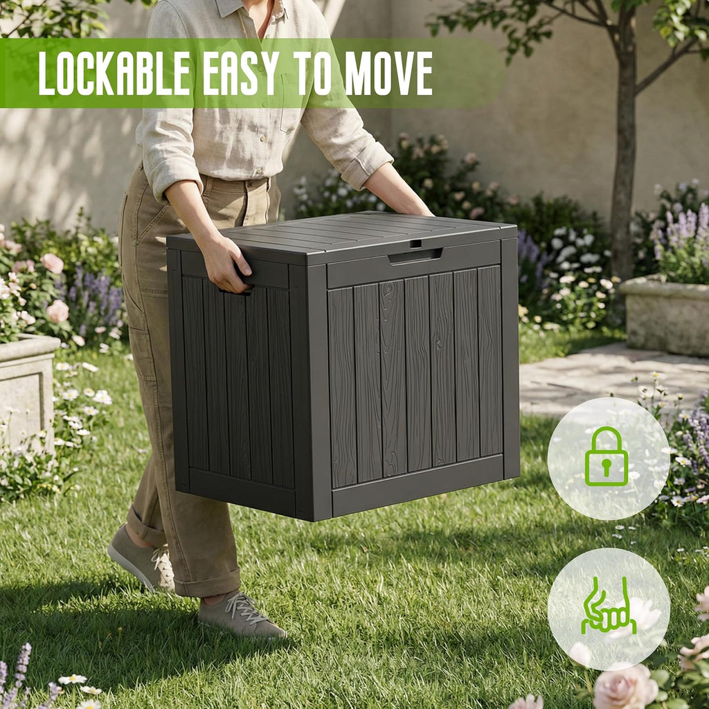 drato 35 gallon outdoor storage box waterproof, resin showing dimensions