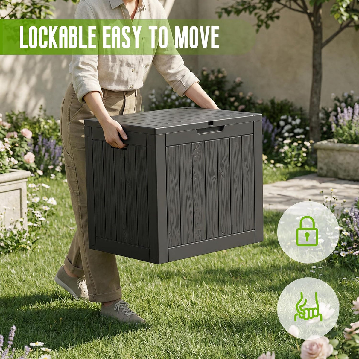 drato 35 gallon outdoor storage box waterproof, resin showing dimensions