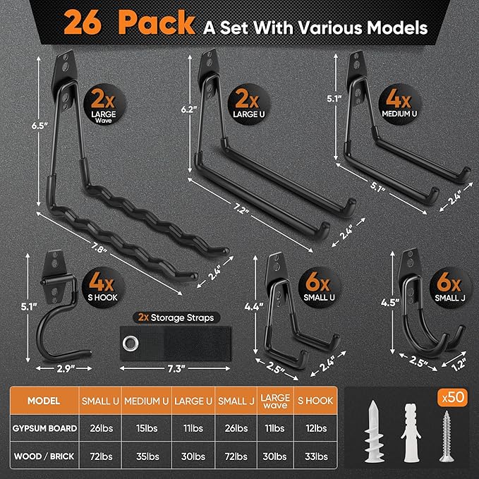 Nacial 26 Pack Garage Hooks Heavy Duty, Utility Steel Garage Storage Hooks - Image 2