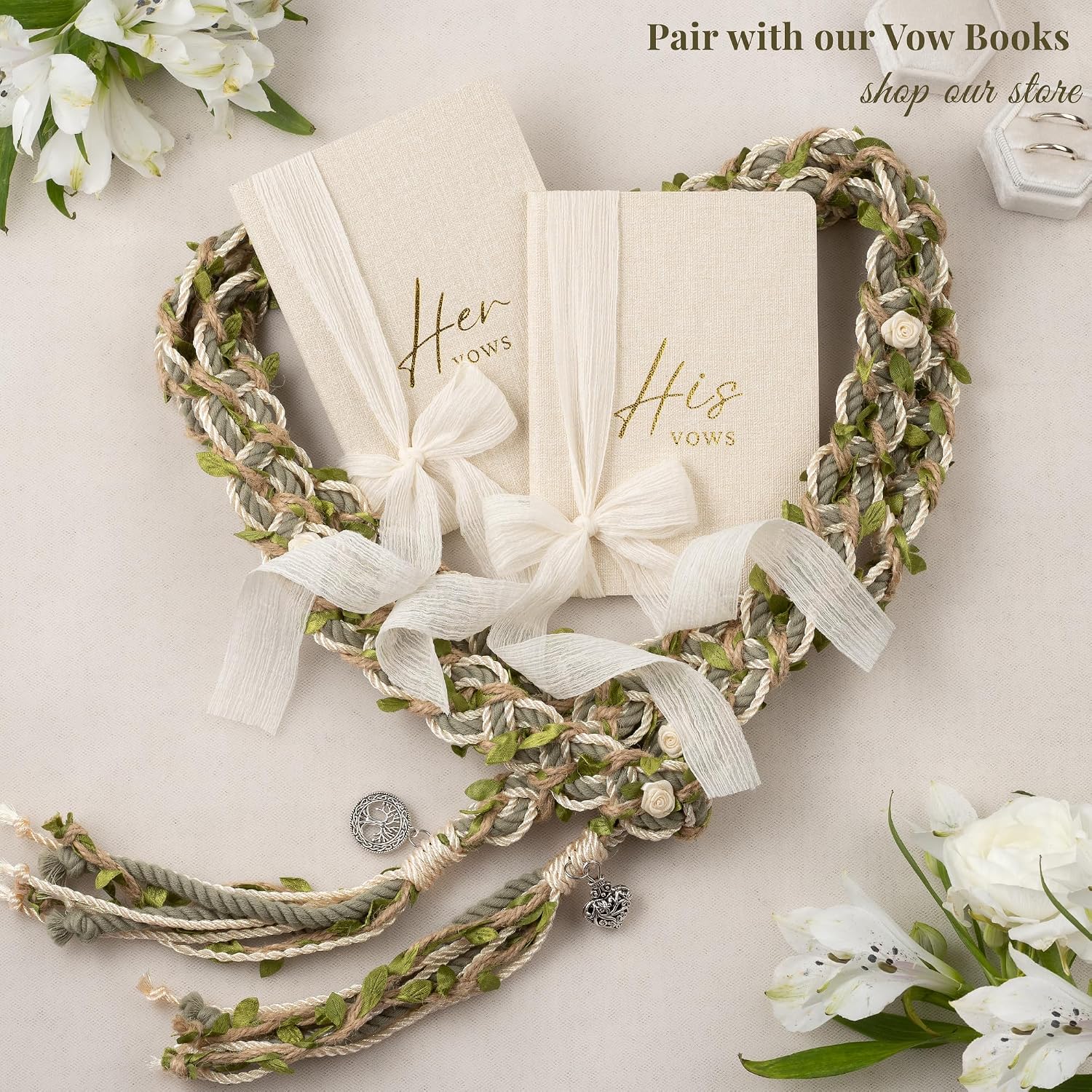 Handmade Celtic Wedding Handfasting Cord - Sage Green Braided Ceremony Rope - Double Electroplated Pendants - Heirloom Keepsake in Gift Box