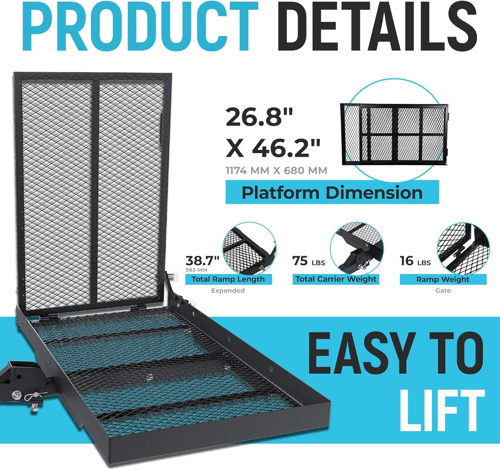 ECOTRIC 46.2 X 26.8 X 38.7 Inch Hitch Cargo Carrier W/Ramp Foldable 500 Lbs | Trailer Hitch Mount Steel Wheelchair Carrier Mobility Scooter Ramp 2" Hitch Receiver for Snow Blower SUV Truck Van Car