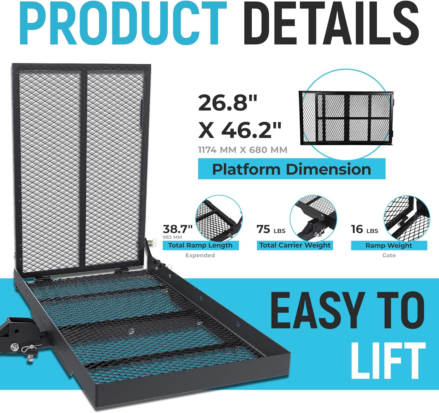 ECOTRIC 46.2 X 26.8 X 38.7 Inch Hitch Cargo Carrier W/Ramp Foldable 500 Lbs | Trailer Hitch Mount Steel Wheelchair Carrier Mobility Scooter Ramp 2" Hitch Receiver for Snow Blower SUV Truck Van Car