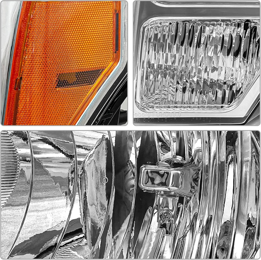 2009 2010 2011 2012 2013 2014 Ford F150 Pickup Headlight Assembly for 09-14 Ford F150 Clear Lens Chrome Housing with Amber Reflector Headlamp Replacement Left and Right Pair（W/O Bulbs）