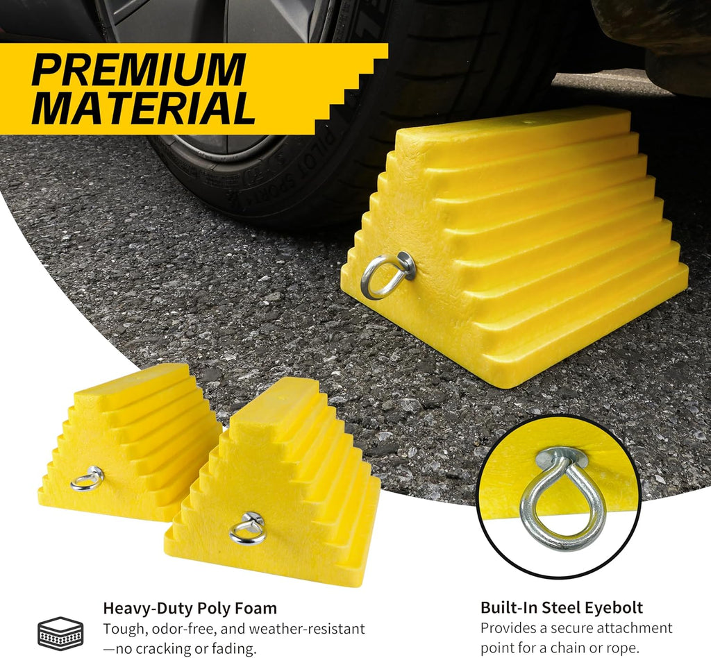 MaxxHaul 51169 Polyfoam Wheel Chocks with Steel Eyebolt – 2-Pack – 10″ × 8″ × 6″ Heavy-Duty Structural Foam – Bright Yellow – Vehicle & Trailer Safety for Cars, Trucks, RVs, Boats, ATVs