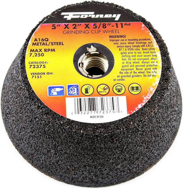 Forney 72375 Grinding Cup Wheel, Type 11 Flared Metal with 5/8-Inch-11 Threaded Arbor, A16Q, 5-Inch-by-2-Inch