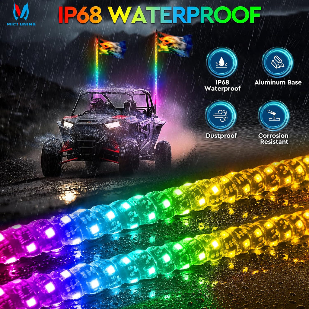 MICTUNING 2pc 4ft Spiral LED Whip Lights with 8 Flags, RF Remote & App Control, RGB Chasing Lighted Whips with Rocker Switch, Music Synced Whip Light for UTV ATV Polaris RZR Can-Am