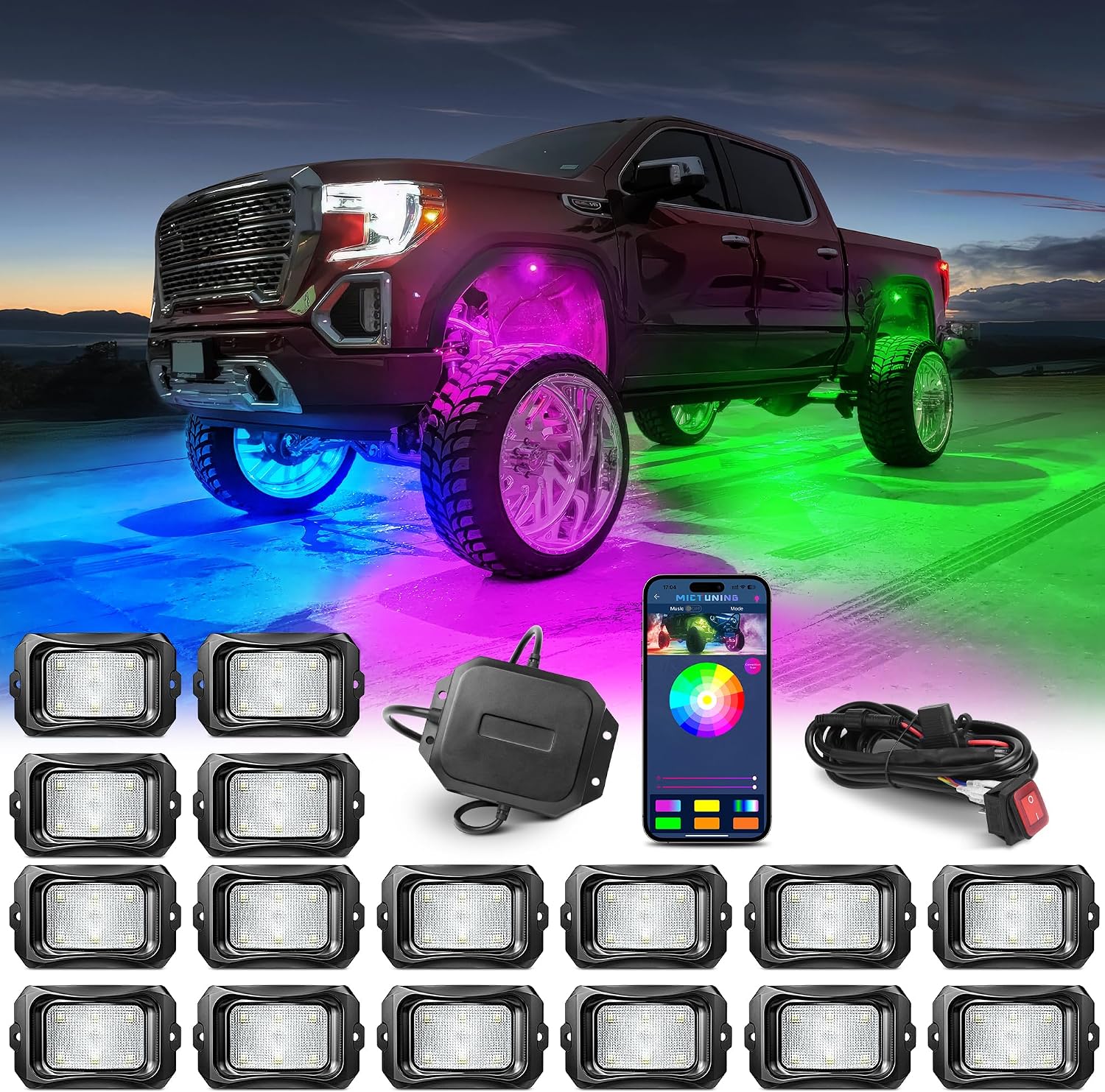 MICTUNING C2 Max RGB+IC Chasing Color Rock Lights - 16 Pods Underglow Lighting Kit, Dynamic Lighting Modes, Extensible Up to 24 Pods with Stable APP Control, IP68 Waterproof, DIY Effect