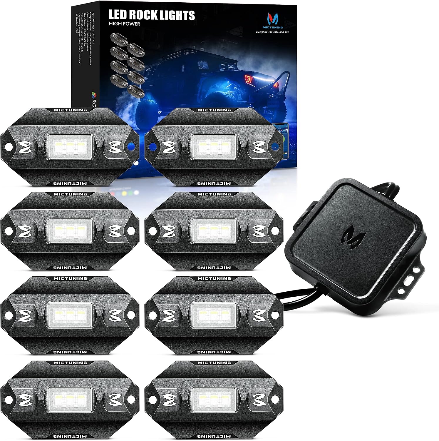 MICTUNING C1 8 Pods RGBW LED Rock Lights - Multicolor Underglow Neon Light Kit with Bluetooth Controller, Music Mode