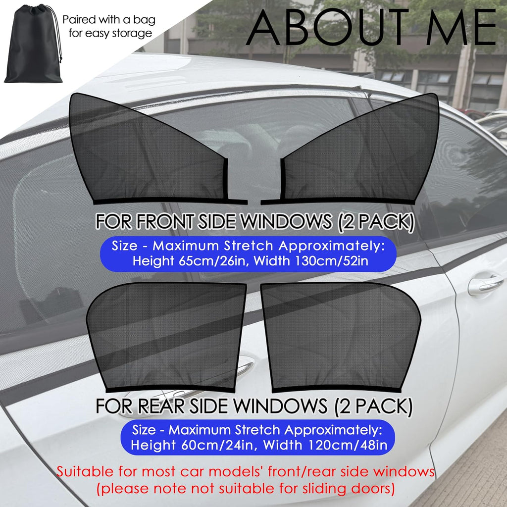 Car Window Shades 4 Pack for Front Side Windows & Rear Side Windows, Breathable Mesh Stretch Screens for Baby Camping Mosquito Net, Enlarged Size! Universal Fit Most Vehicles (98% Fit)