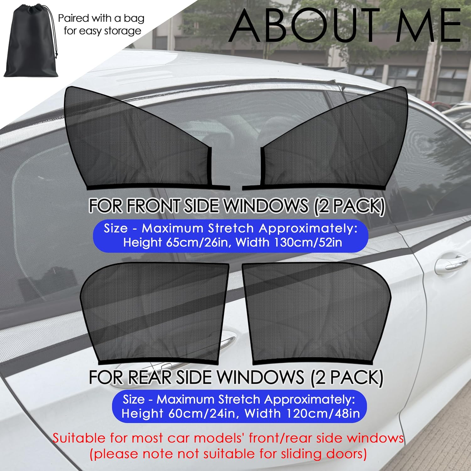 Car Window Shades 4 Pack for Front Side Windows & Rear Side Windows, Breathable Mesh Stretch Screens for Baby Camping Mosquito Net, Enlarged Size! Universal Fit Most Vehicles (98% Fit)