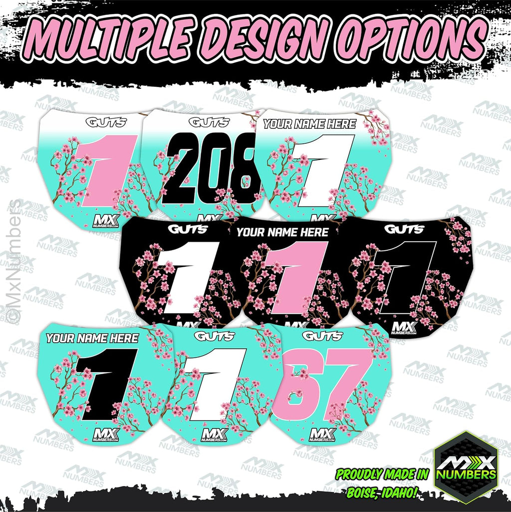 MxNumbers- Custom ODI Downhill Plate Decal, Personalized Name Number and Colors, Race Graphics for Mountain and Electric Bikes, Uncanned Energy Design Series (Sakura Cherry Blossom)