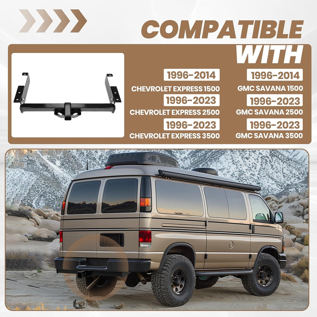 KUAFU 2 Inch Class 3 Trailer Hitch Compatible with 1996-2023 Chevrolet Express 1500 2500 3500 GMC Savana 1500 2500 3500 Towing Hitch Mount Receiver