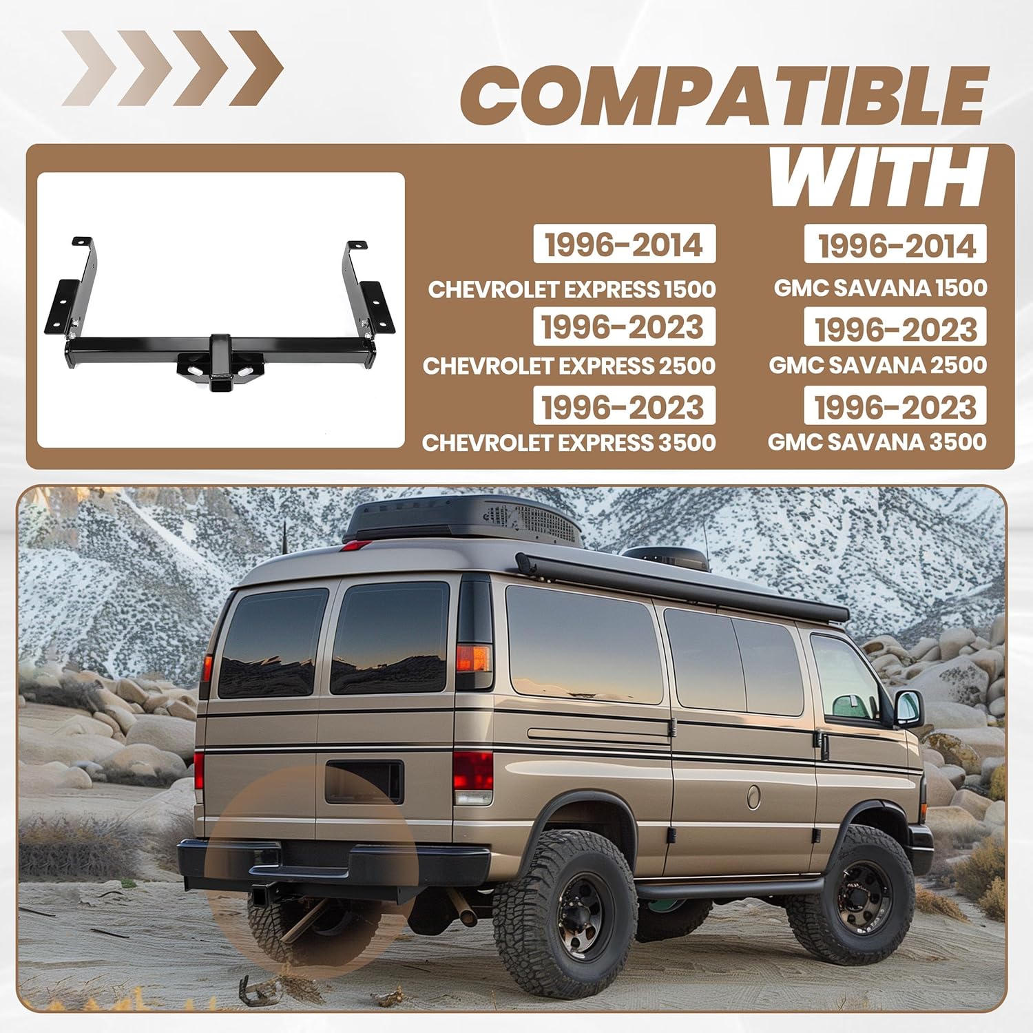 KUAFU 2 Inch Class 3 Trailer Hitch Compatible with 1996-2023 Chevrolet Express 1500 2500 3500 GMC Savana 1500 2500 3500 Towing Hitch Mount Receiver