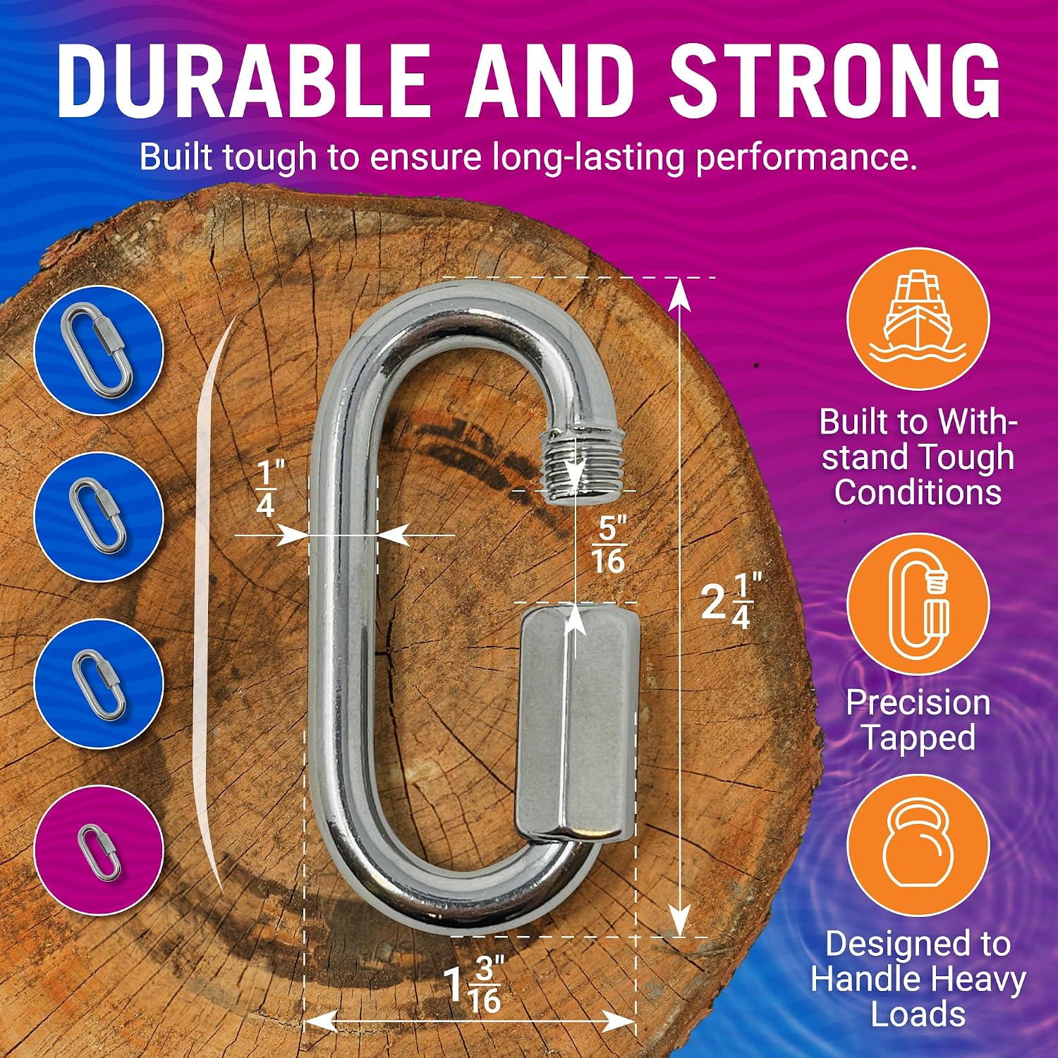 316 Stainless Steel Locking Chain Link, Threaded Quick Link Chain Connector Clips, Heavy Duty D Shape Quicklinks, 1/2", 3/8", 5/16", 1/4" Small Sizes, Marine Grade, 4 Pack Safety Links 1/4"