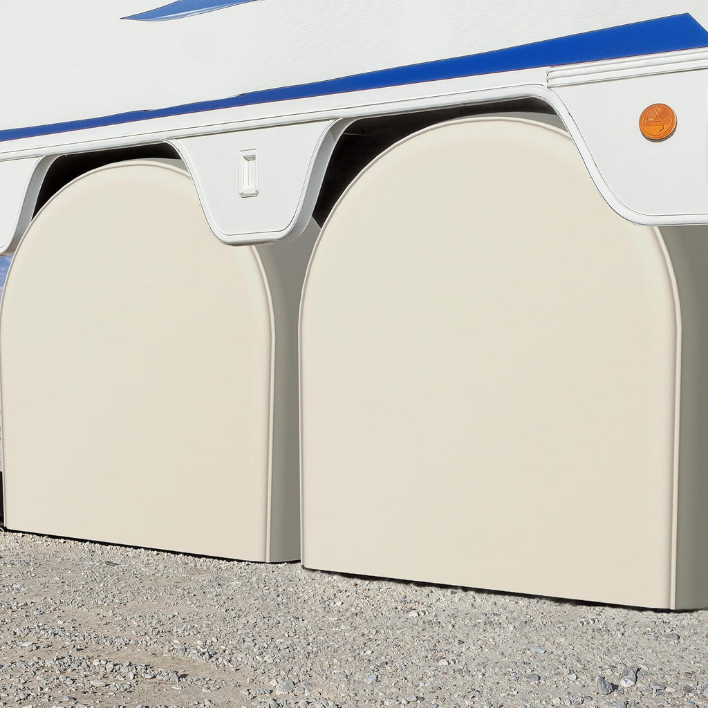 eletecpro RV Tire Covers 4 Pack, Waterproof Wheel Covers with Tough 600D Oxford Fabric, UV Protective Accessories for Trailer, SUV, Truck, Camper, Universal Fit 29-32 Inch Tire Diameters, Light Beige