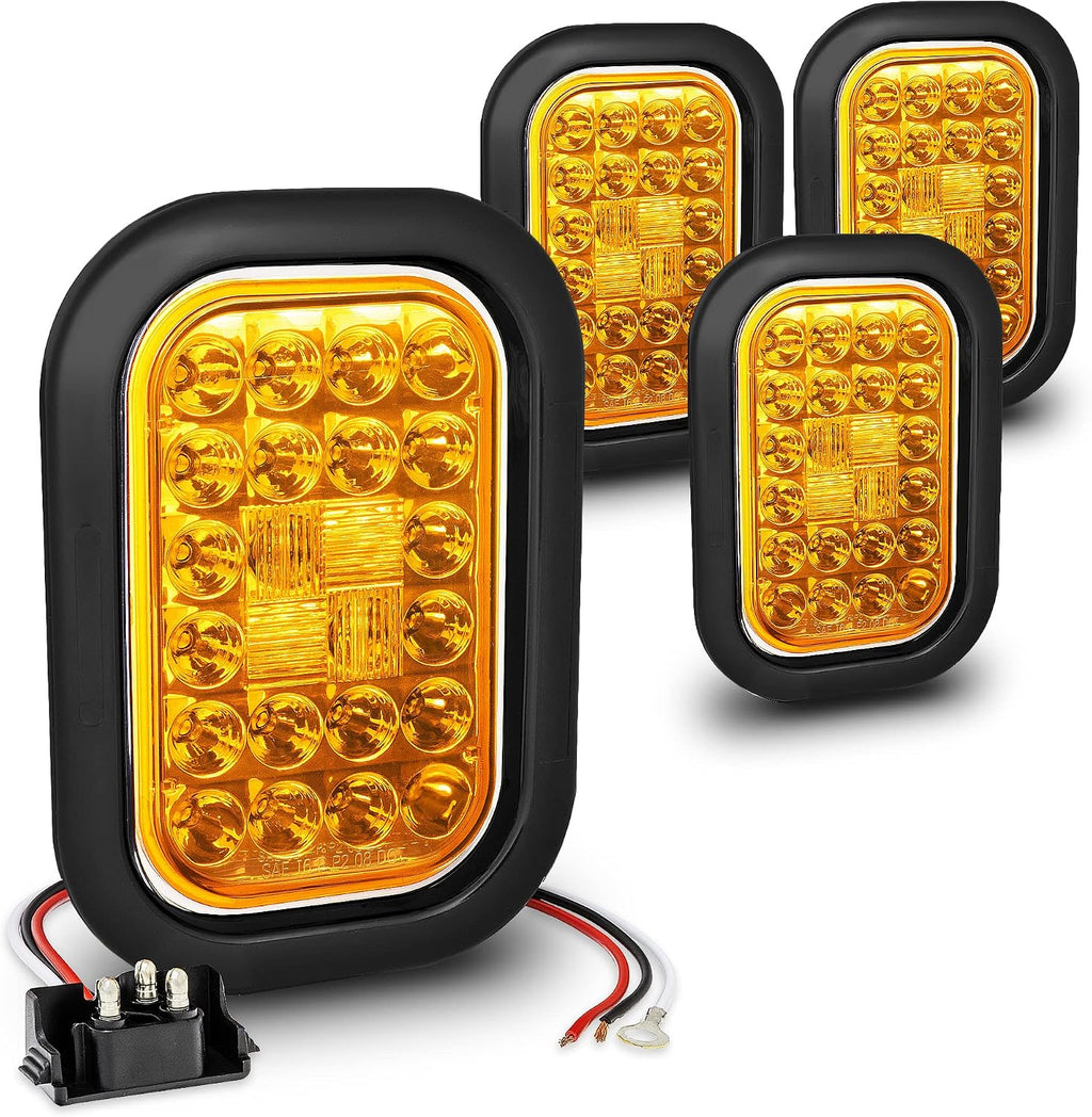 TRUE MODS 4pc Amber 5x3 3x5 Inch Rectangle LED Trailer Tail Light Kit [DOT FMVSS 108] [SAE I6 P P2] [Grommets/Plugs] [Submersible] [Stop Turn Tail Park] [24 LED] Brake Lamp Tow Truck 80" Wide Trailer