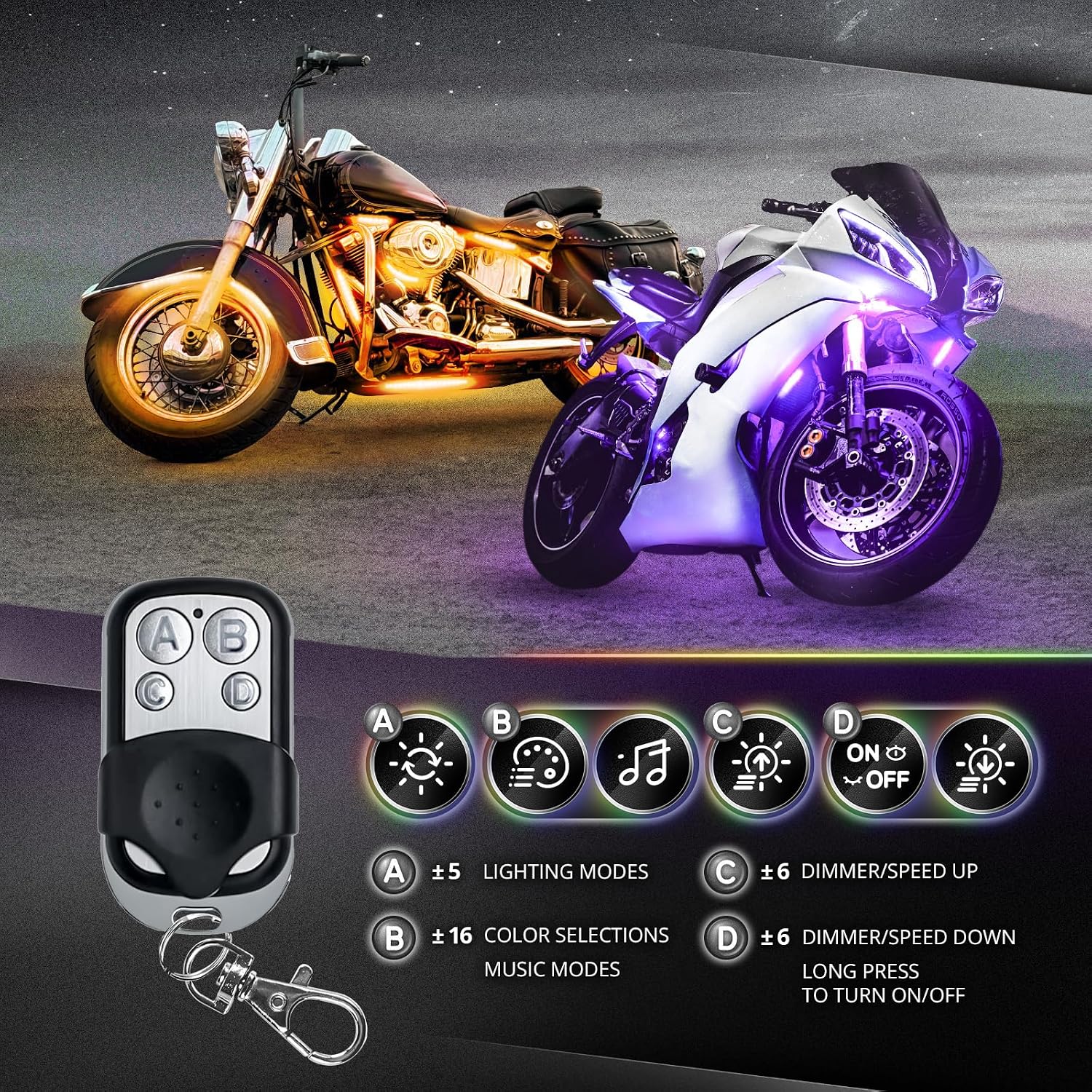 OPT7 12pcs Motorcycle LED Strip Lights for Harley Honda Yamaha Kawasaki | App & Keychain Remote Control, Neon Accent Cruiser Underglow, Sound Sync, Turn Signal & Brake Light, 12V Multicolor Decor