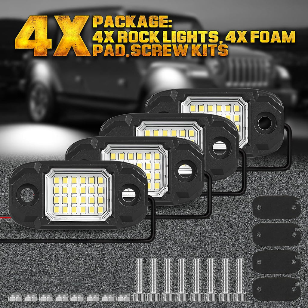 4 Pods White Rock Lights 24 LEDs Chips Waterproof Neon Trail Rig Lamp Underglow Light for Car Truck Motorcycle SUV ATV UTV (White)