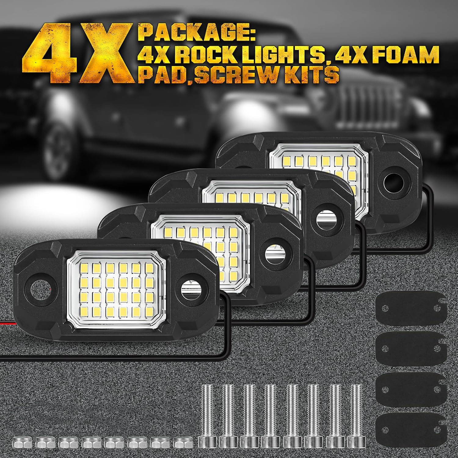 4 Pods White Rock Lights 24 LEDs Chips Waterproof Neon Trail Rig Lamp Underglow Light for Car Truck Motorcycle SUV ATV UTV (White)