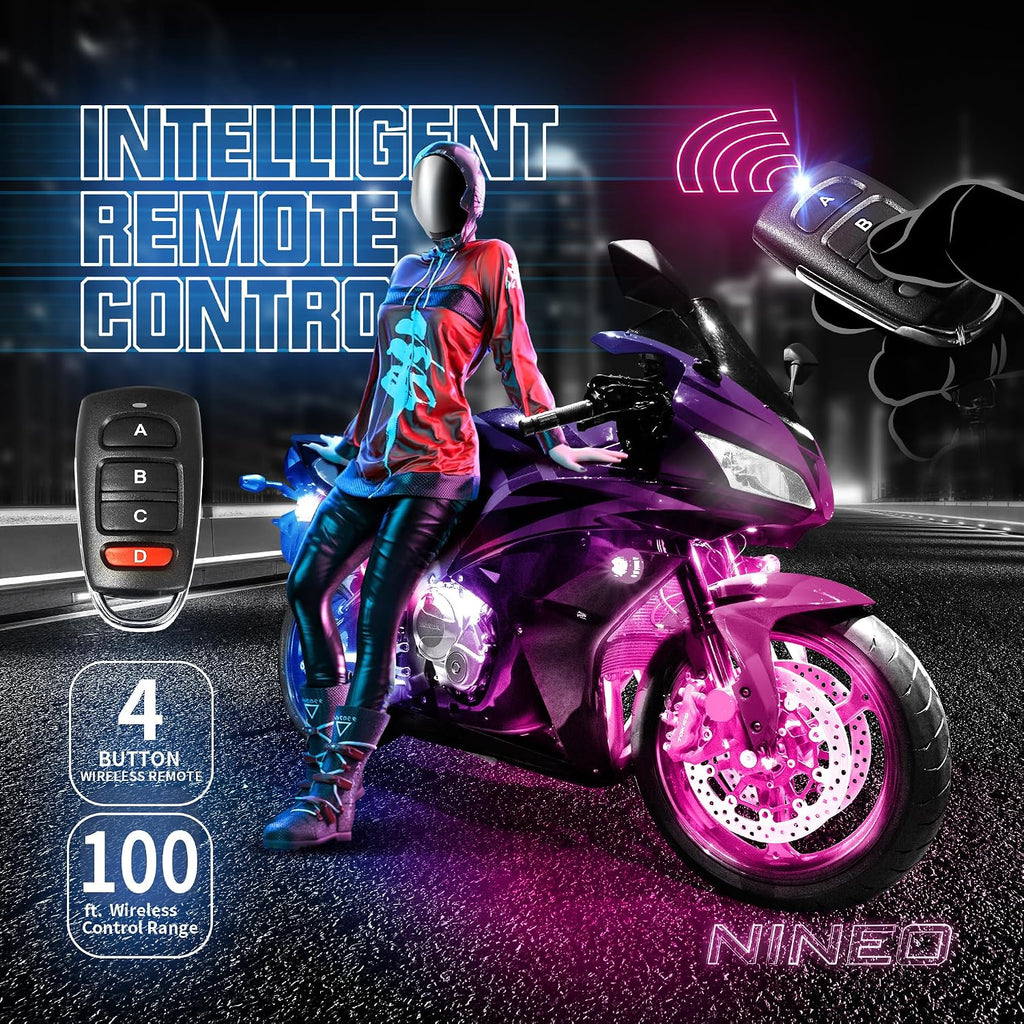 NINEO 8PCS Motorcycle RGB Led Light Kit, Multi-Color Atmosphere Underglow Lights with Memory Function and Red Brake Light, Fit for Street Glide, Road Glide, Sportster, Dyna, Softail, Iron, Touring