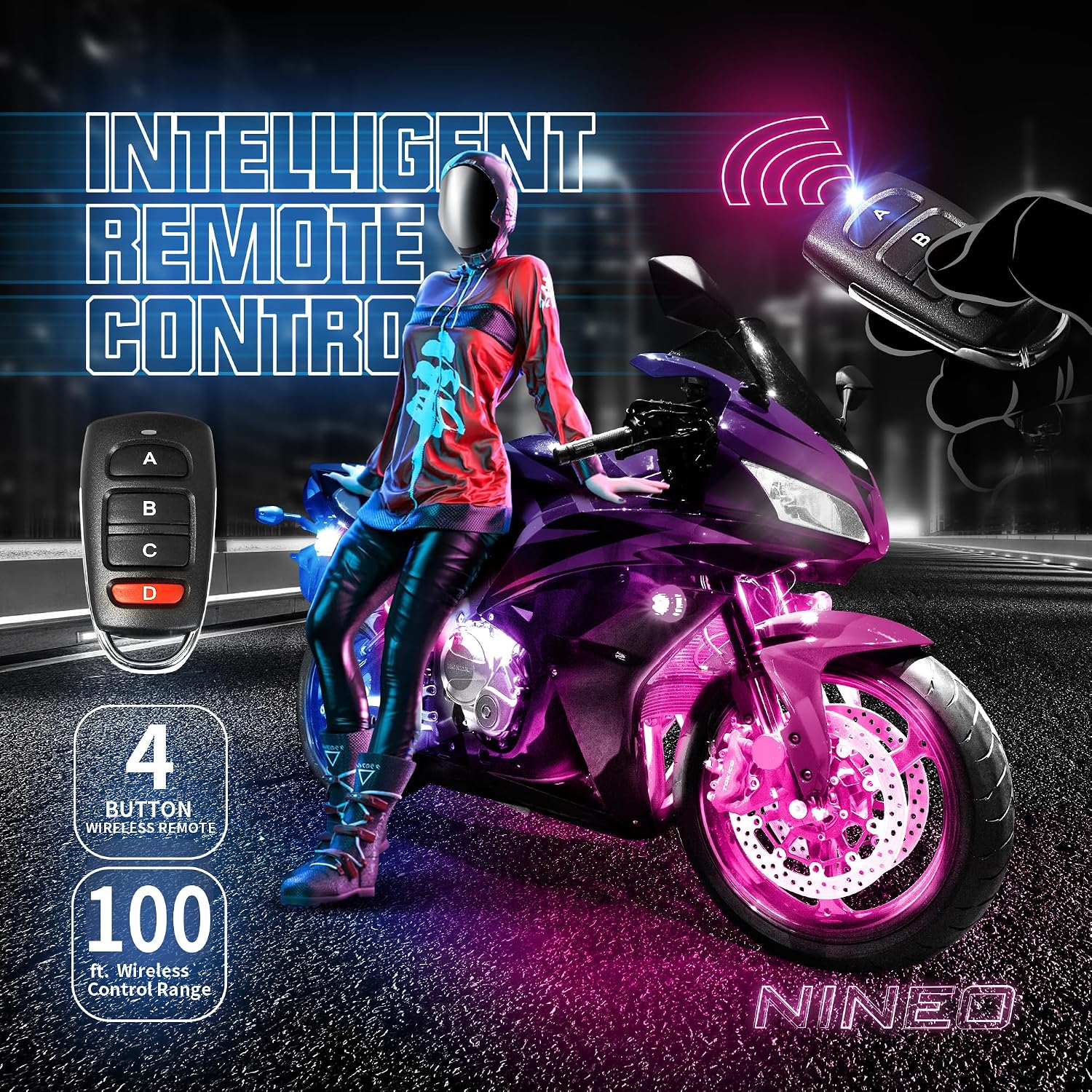 NINEO 8PCS Motorcycle RGB Led Light Kit, Multi-Color Atmosphere Underglow Lights with Memory Function and Red Brake Light, Fit for Street Glide, Road Glide, Sportster, Dyna, Softail, Iron, Touring