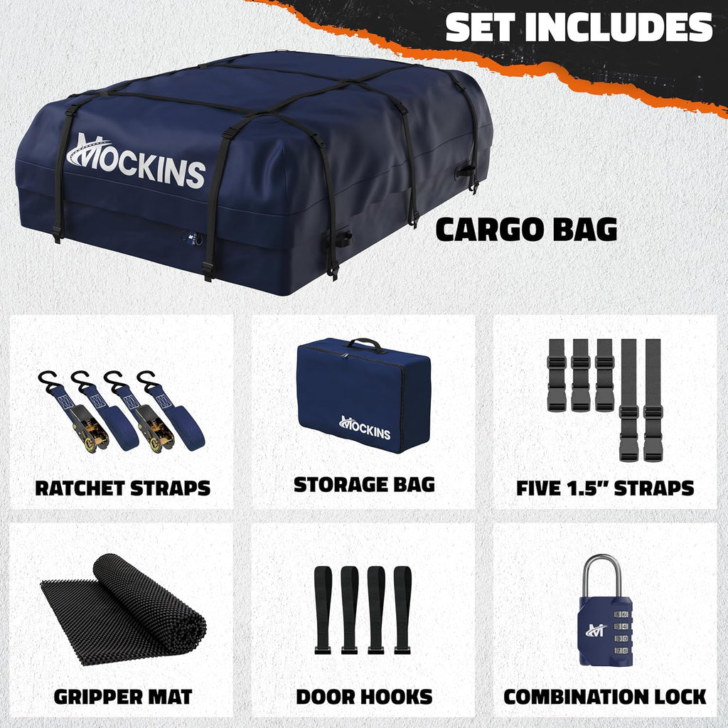 Mockins 30 Cu Ft Navy Blue Heavy Duty Rooftop Cargo Carrier Bag 60"x43"x20" | 840D Car Top Carrier Without Roof Rack | Waterproof Soft Roof Cargo Bag for Top of Car Storage w/Mat, Lock, Hooks & Straps