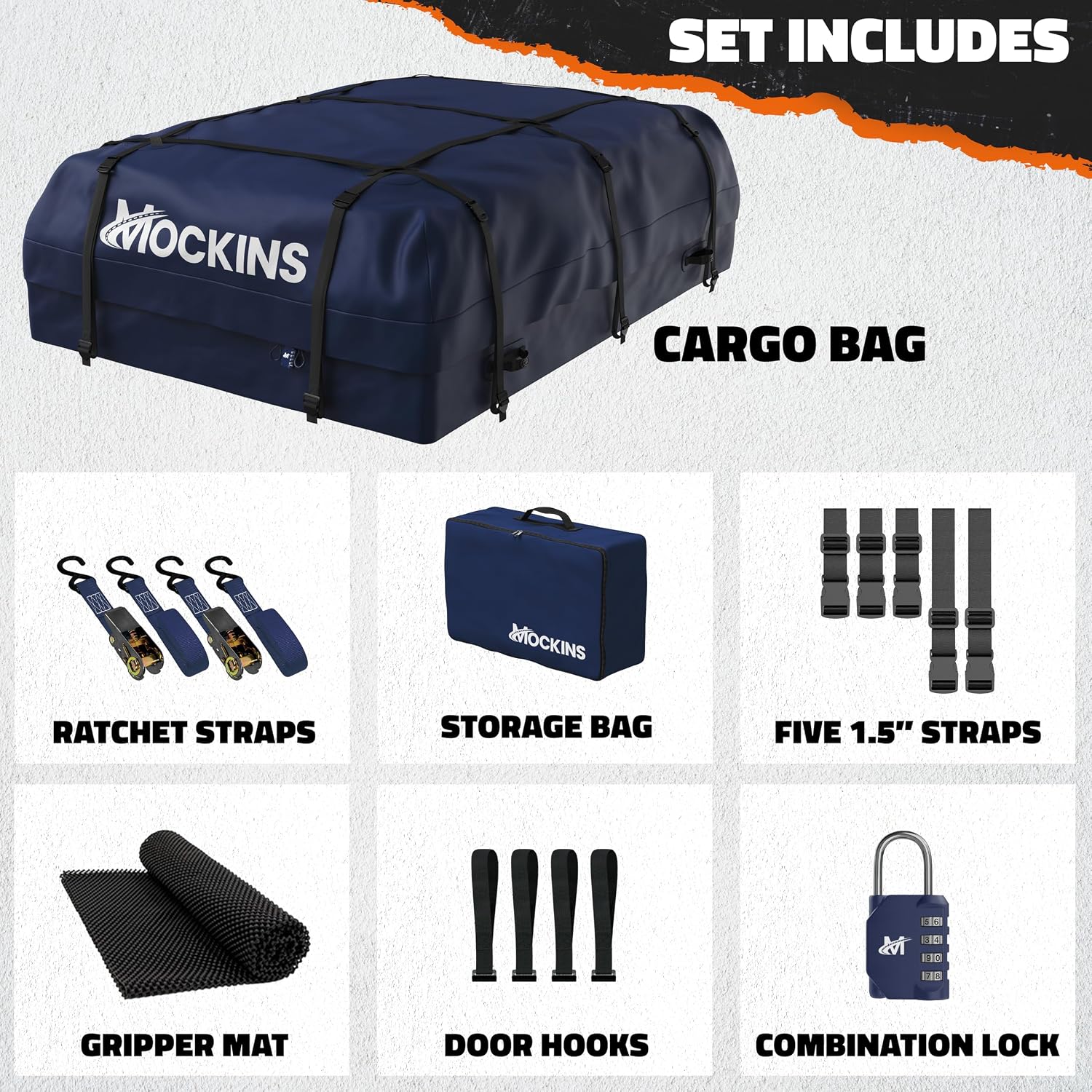 Mockins 30 Cu Ft Navy Blue Heavy Duty Rooftop Cargo Carrier Bag 60"x43"x20" | 840D Car Top Carrier Without Roof Rack | Waterproof Soft Roof Cargo Bag for Top of Car Storage w/Mat, Lock, Hooks & Straps