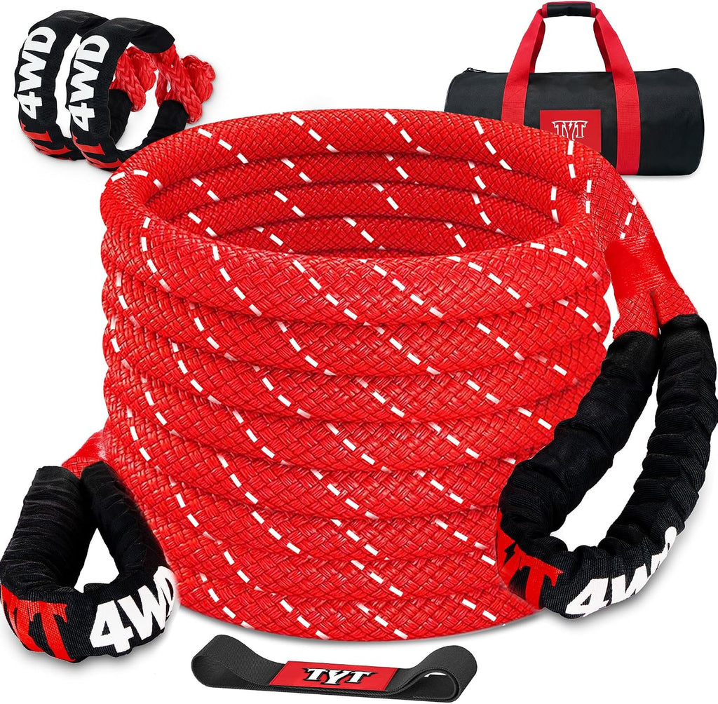 TYT Kinetic Recovery Rope,(1.26 in x 30ft Red) 56,000lbs Snatch Strap, Heavy Duty Stretch Nylon Towing Ropes with 2pcs Soft Shackles for Offroad Vehicle, Jeep, SUV, ATV, UTV, Tractor Elastic Ropes Kit