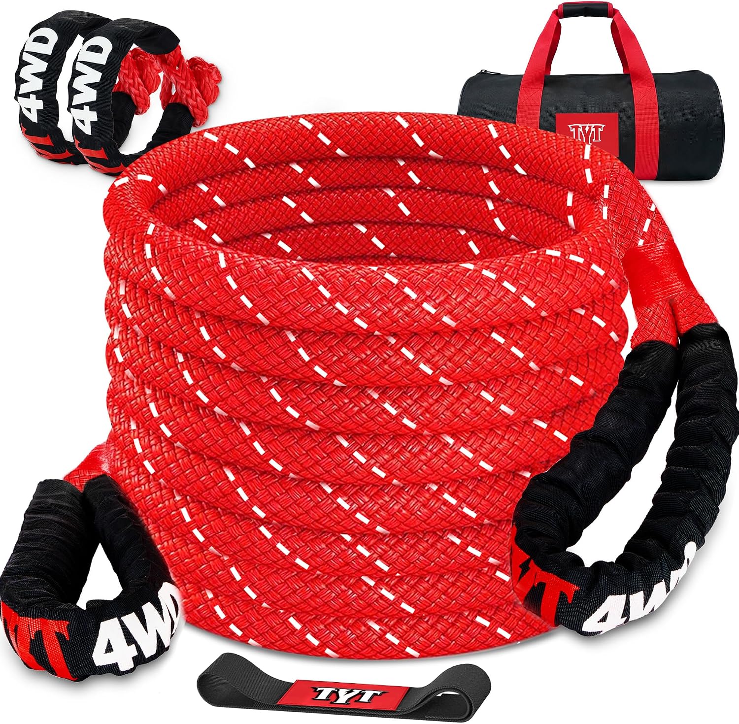TYT Kinetic Recovery Rope,(1.26 in x 30ft Red) 56,000lbs Snatch Strap, Heavy Duty Stretch Nylon Towing Ropes with 2pcs Soft Shackles for Offroad Vehicle, Jeep, SUV, ATV, UTV, Tractor Elastic Ropes Kit