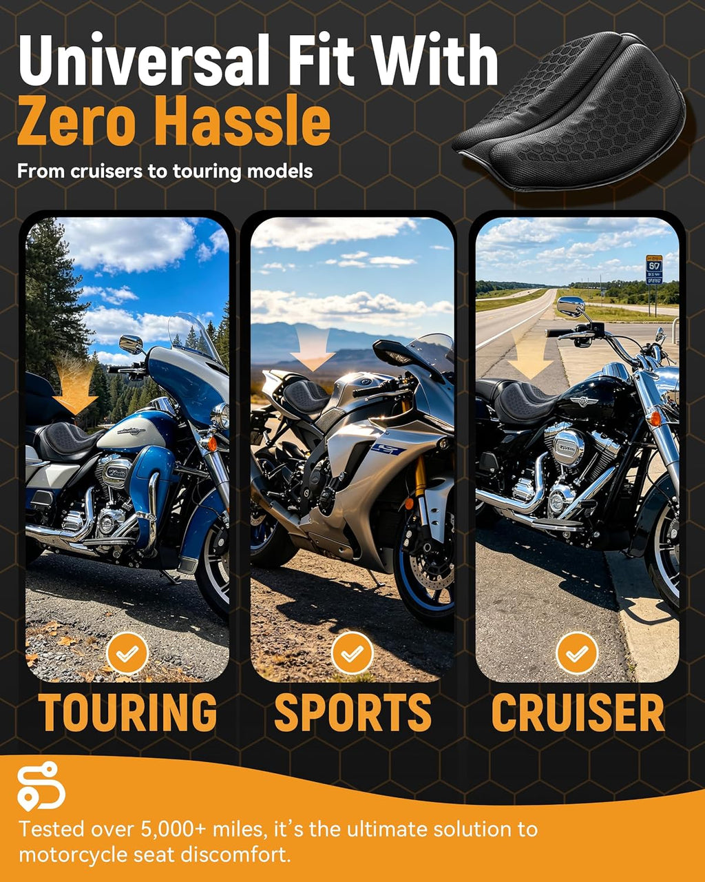 Seat Cushion with Cover - Foldable 3D Motorcycle Gel Seat Cushion, Comfort & Butt Protection for Long Rides, Non-Slip Shock Absorbing, Stay Cool & Comfortable(Cushion with Cover)