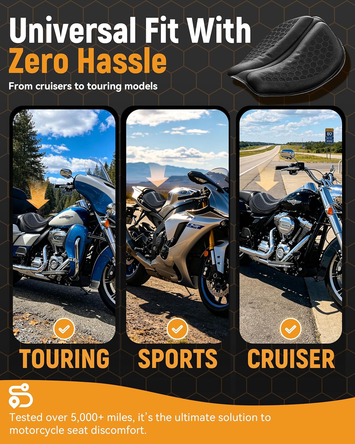 Seat Cushion with Cover - Foldable 3D Motorcycle Gel Seat Cushion, Comfort & Butt Protection for Long Rides, Non-Slip Shock Absorbing, Stay Cool & Comfortable(Cushion with Cover)