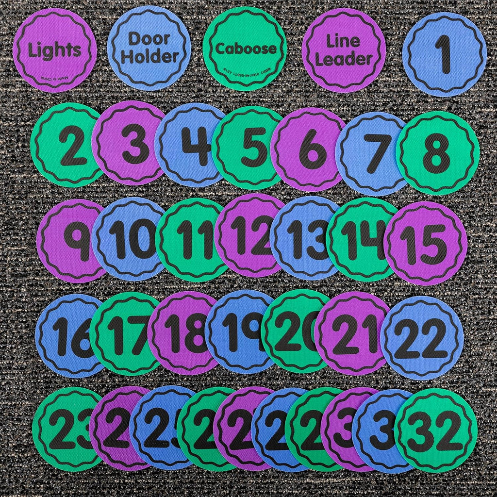 Really Good Stuff Carpet Mark-Its 36 Pack Line-Up Helpers Numbered Spot Markers and Labels 4' Carpet Dots for Teacher Supplies
