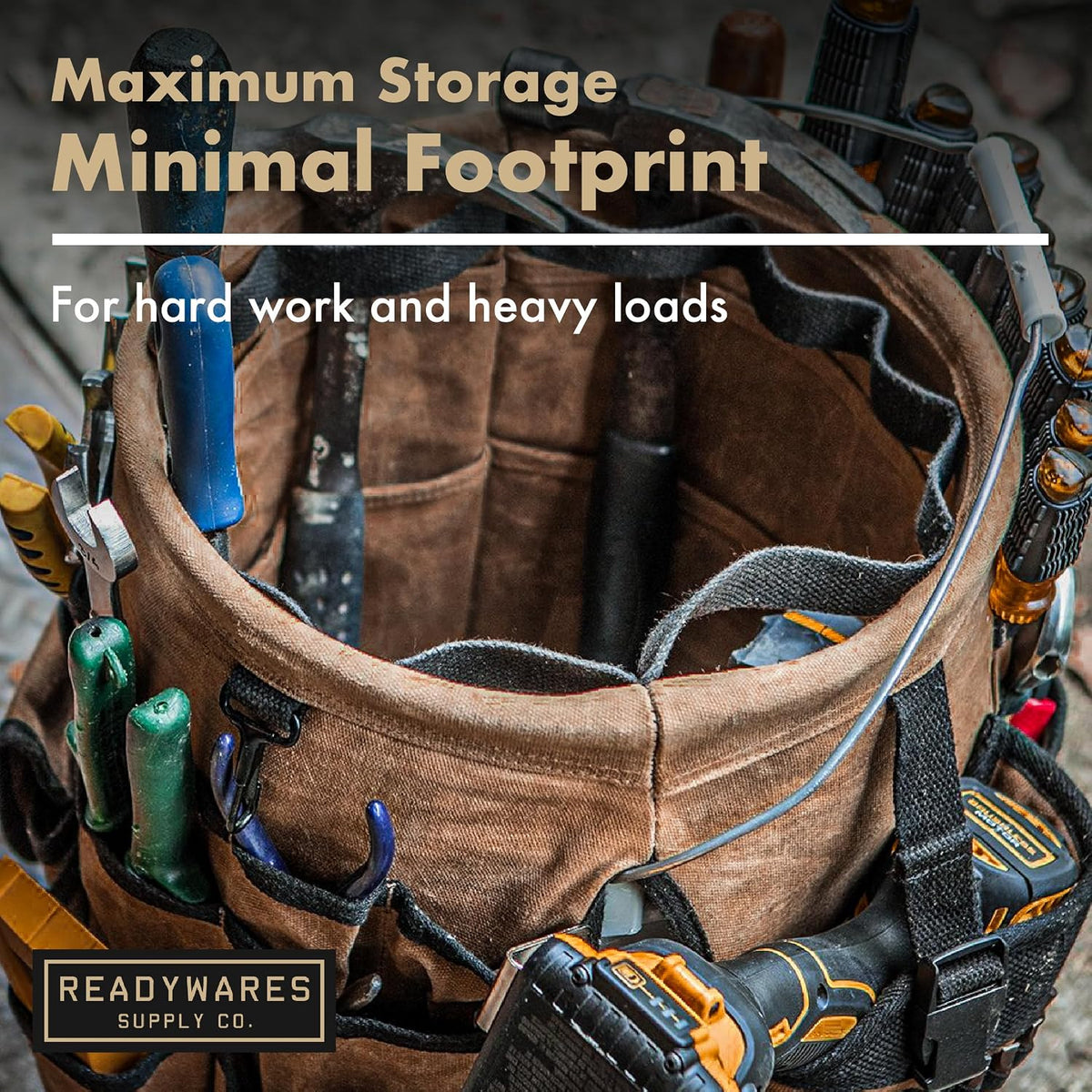 readywares tool bucket organizer | waxed canvas 5, side view