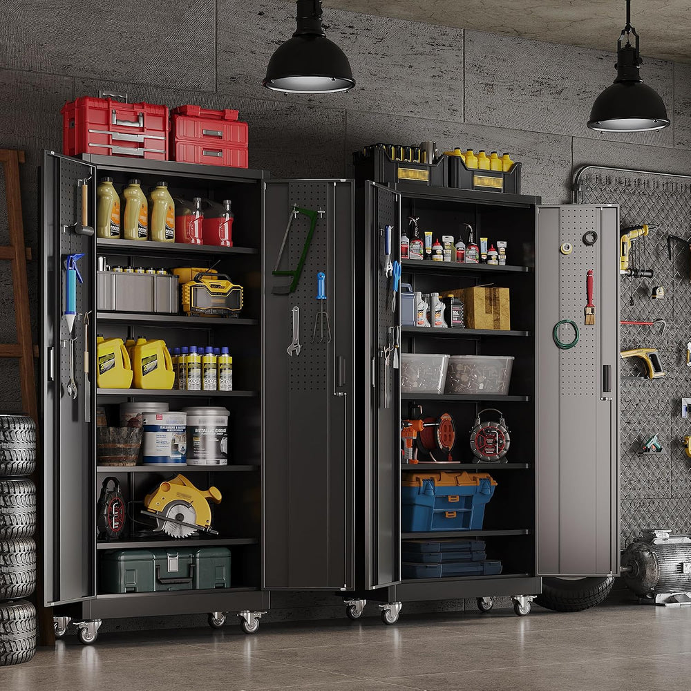 71" Metal Storage Cabinet with Wheels, 5 Adjustable Shelves, Black