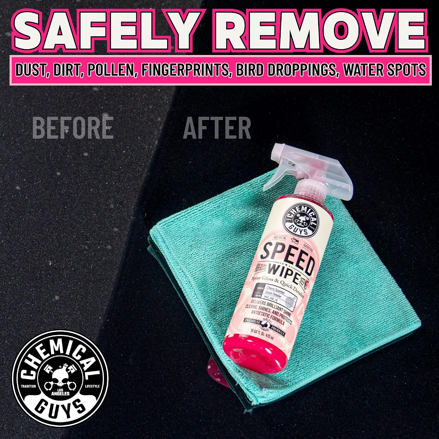 Chemical Guys Speed Wipe Quick Detailer - High Gloss, Streak-Free Shine, Detail Spray for Cars, Trucks, Motorcycles, RVs, and More, Safe on Paint, Glass, Wheels, and Trim, Cherry Scent, 16 fl oz