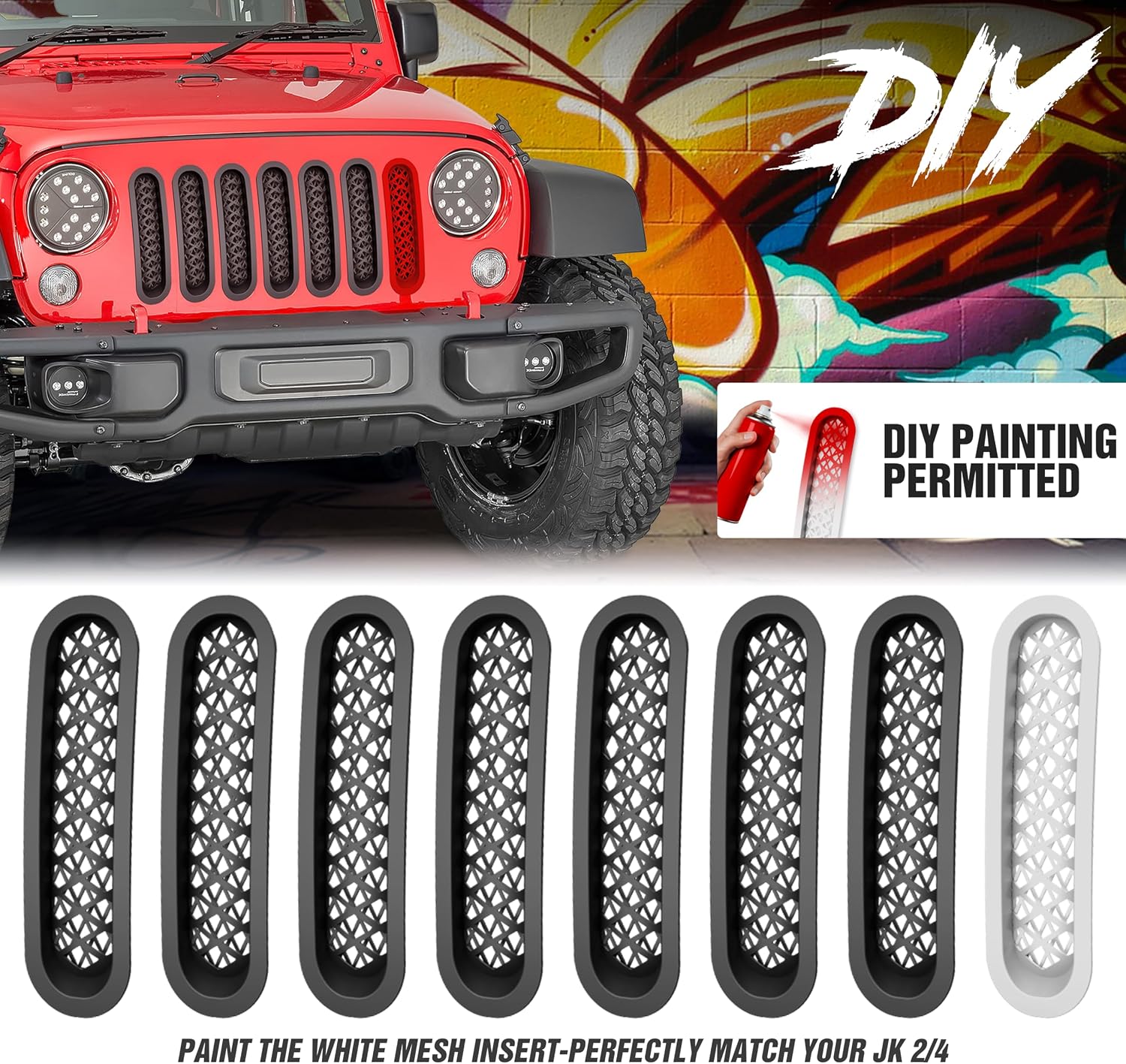 YZONA Grill Inserts Black, Front Mesh Grille Cover Compatible with 2007-2018 Jeep JK Wrangler & Unlimited Wrangler Accessories, Car Grill Mesh (7PCS Black + 1PCS White)