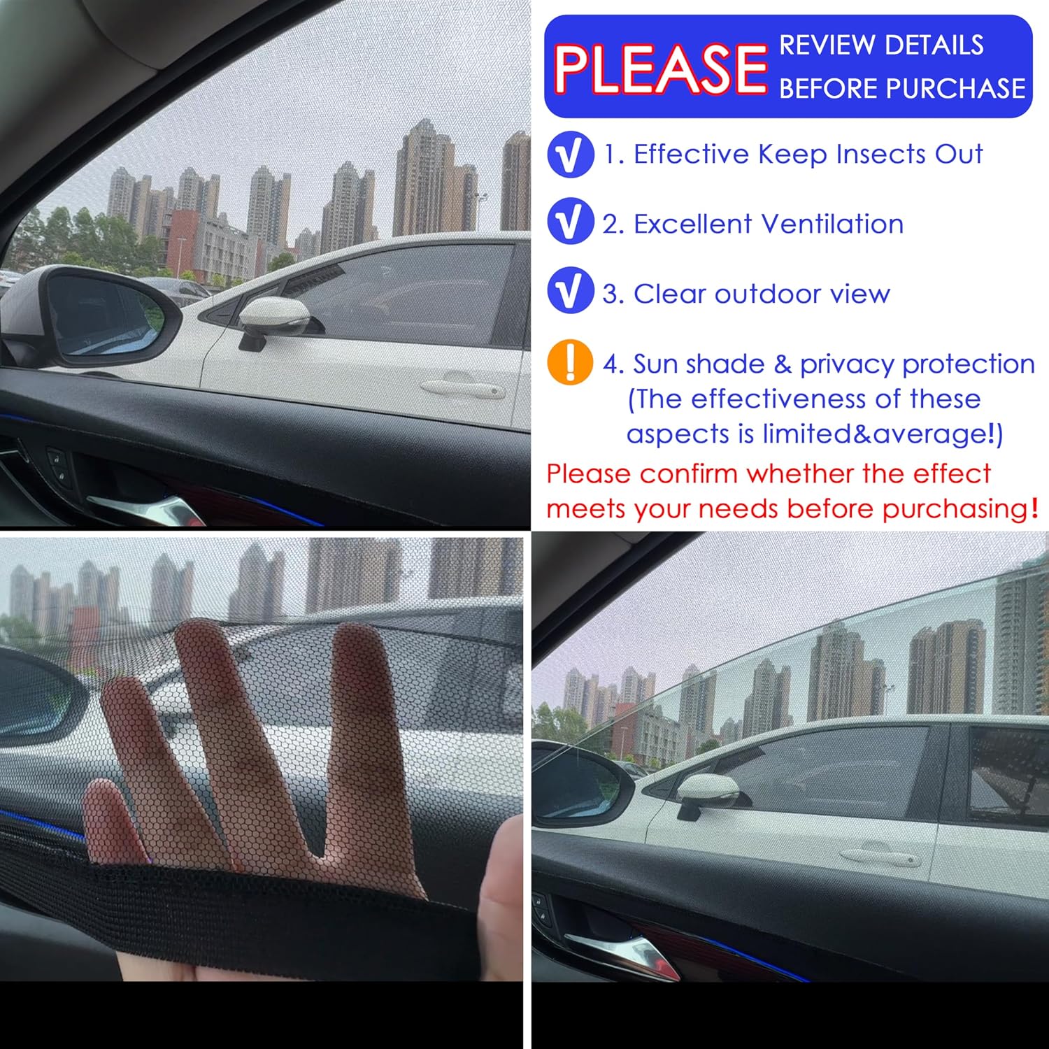 Car Window Shades 4 Pack for Front Side Windows & Rear Side Windows, Breathable Mesh Stretch Screens for Baby Camping Mosquito Net, Enlarged Size! Universal Fit Most Vehicles (98% Fit)