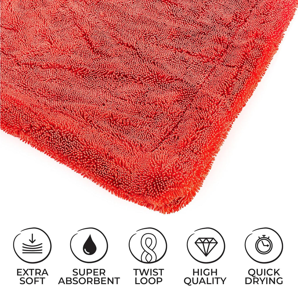 The Rag Company - The 1500 - Heavy Duty Car Drying Towel; Perfect for Trucks, Commercial Vehicles, RVs, Boats, and More; Premium 70/30 Blend Twist Loop Design, 1500gsm, 30in x 30in, Red