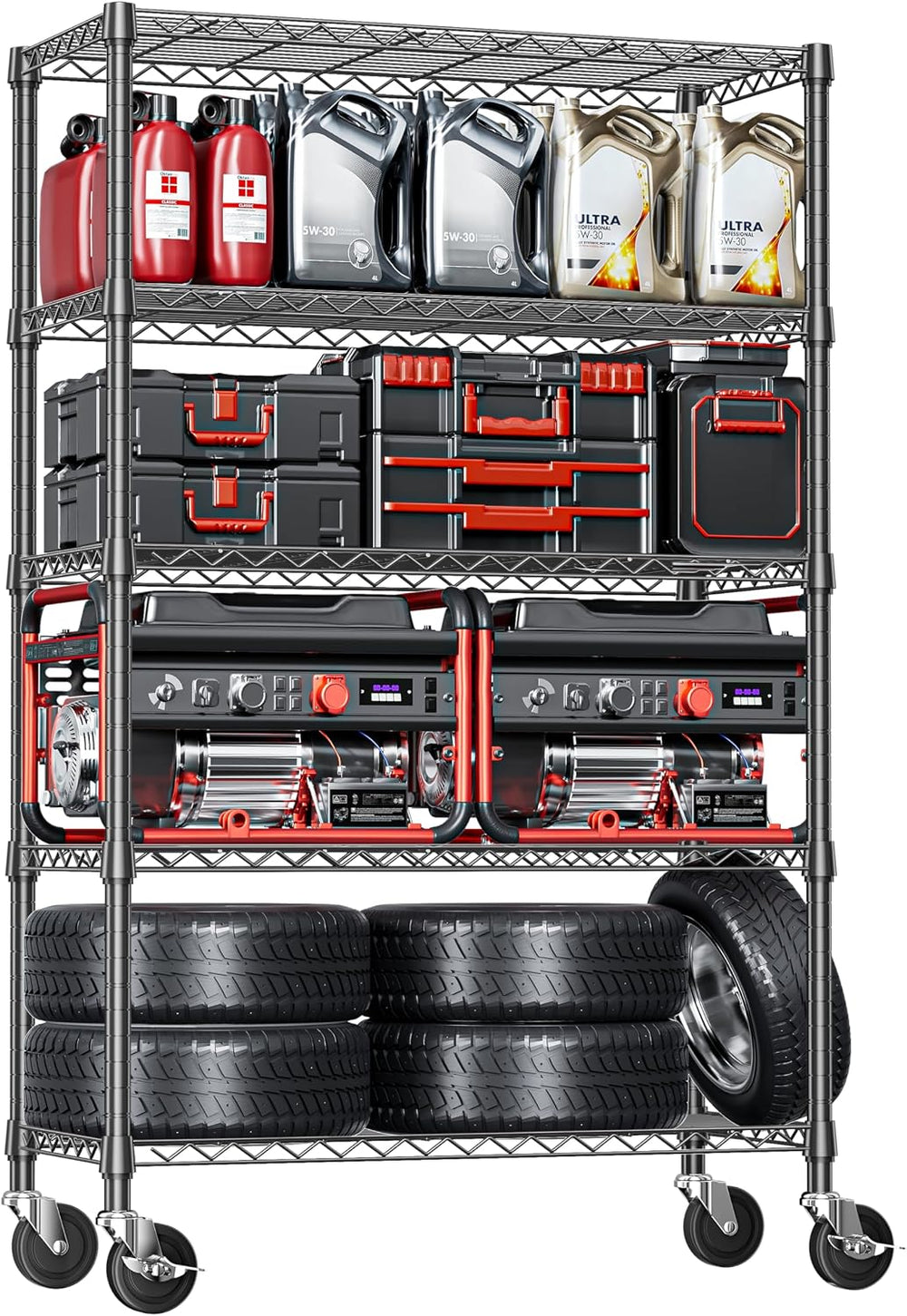 5-Tier Adjustable Heavy Duty Steel Wire Shelving Unit with Wheels, Storage Ra...