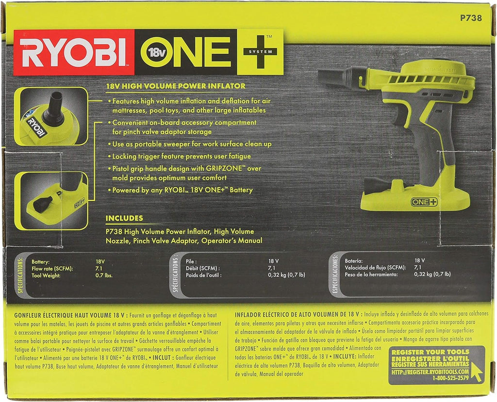 Ryobi P738 18V One+ Lithium Ion 18V One+ High Volume Power Inflator / Battery Powered Deflator for Mattresses and Recreational Inflatables (Renewed) | Battery and Charger Sold Separately - (Renewed)