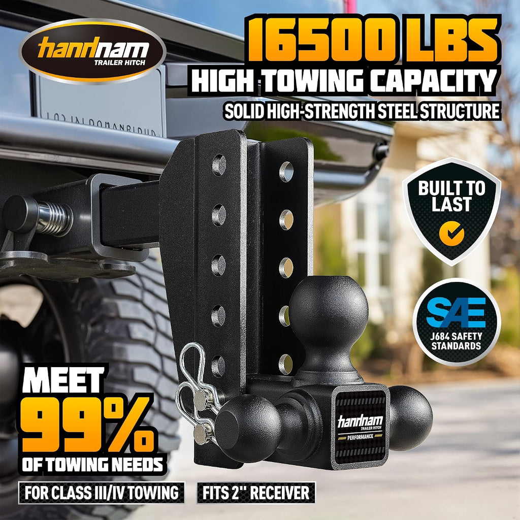 Drop Hitch Adjustable Trailer Hitch, Tow Hitch with 6-Inch Drop/Rise for Truck (16,500 LBS GTW), Adjustable Drop Hitch Fits 2-Inch Receiver, Trailer Hitches with Double Anti-Theft Pins Locks
