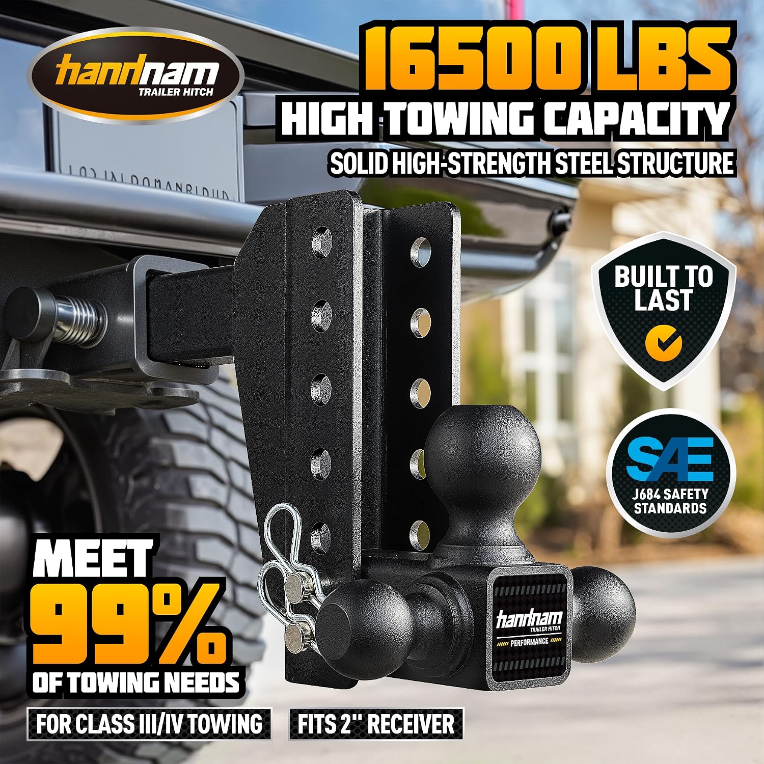 Drop Hitch Adjustable Trailer Hitch, Tow Hitch with 6-Inch Drop/Rise for Truck (16,500 LBS GTW), Adjustable Drop Hitch Fits 2-Inch Receiver, Trailer Hitches with Double Anti-Theft Pins Locks