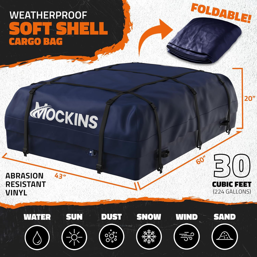 Mockins 30 Cu Ft Navy Blue Heavy Duty Rooftop Cargo Carrier Bag 60"x43"x20" | 840D Car Top Carrier Without Roof Rack | Waterproof Soft Roof Cargo Bag for Top of Car Storage w/Mat, Lock, Hooks & Straps