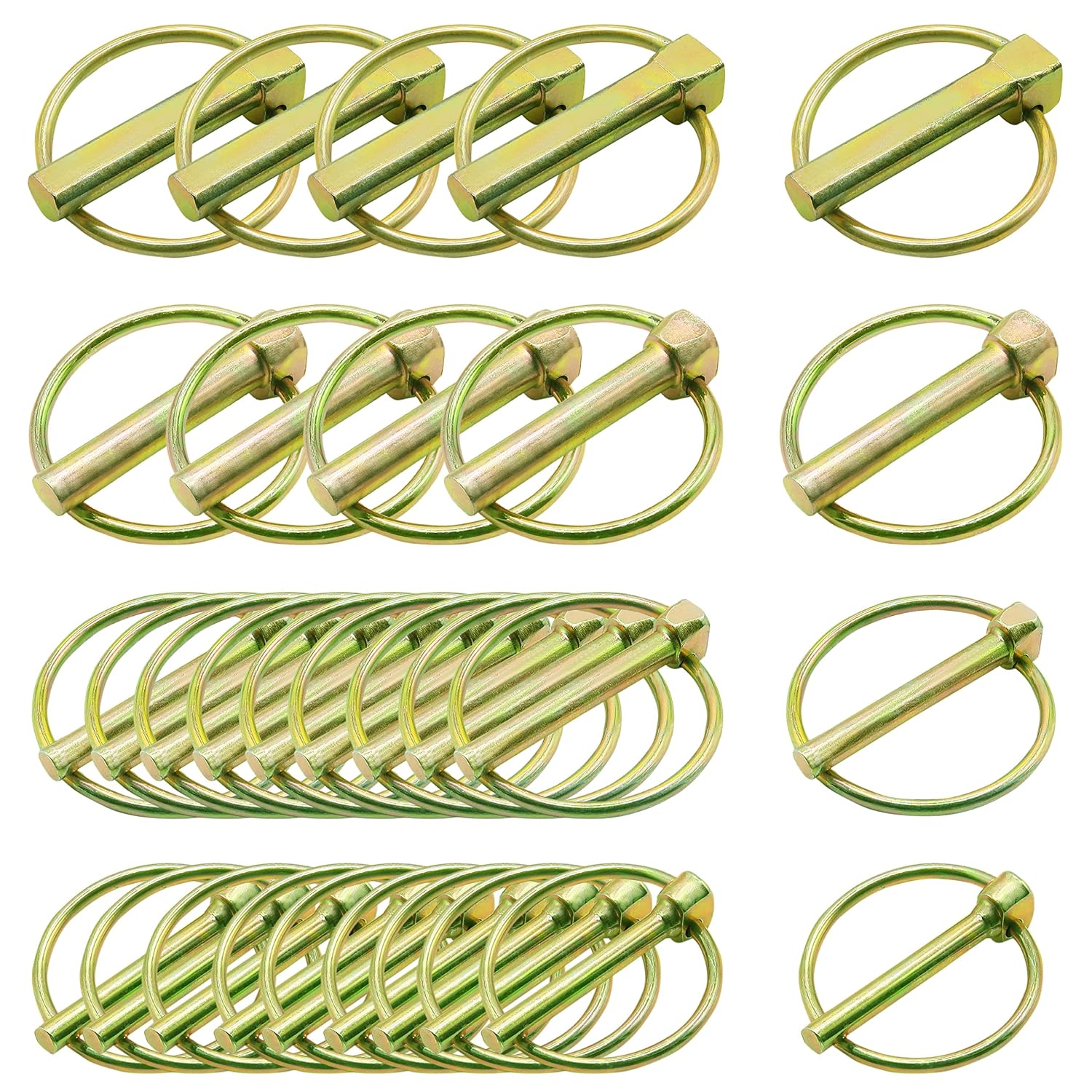 30 Pcs of Lynch Pin Assortment Kit— for Trucks, Tractors, Trolleys, Lawn Mowers, & Trailers of 3/16”x1-7/16”, 1/4”x1-3/4”, 5/16”x1-3/4”, & 7/16”x1-3/4”